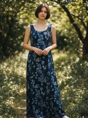 Fashion Bug Blue Floral Sleeveless Maxi Dress Open Tie Back